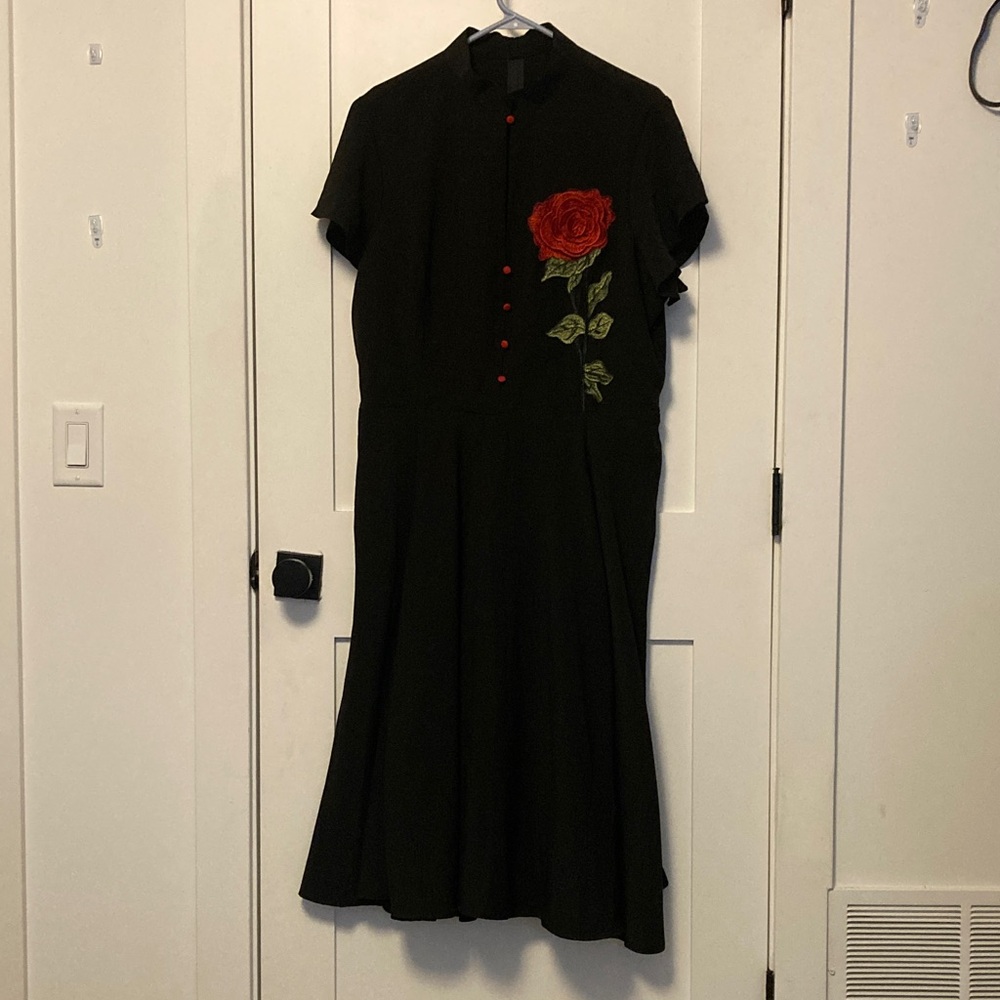 Unique Vintage Black Dress with Red Rose Detail